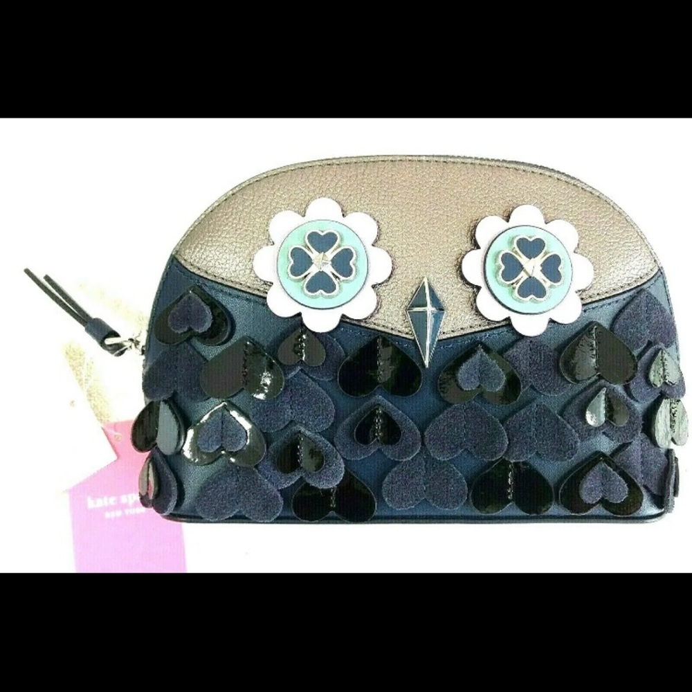 NEW Women Leather Kate Spade Medium Dome Cosmetic Blue Gray Lilac OWL, N…